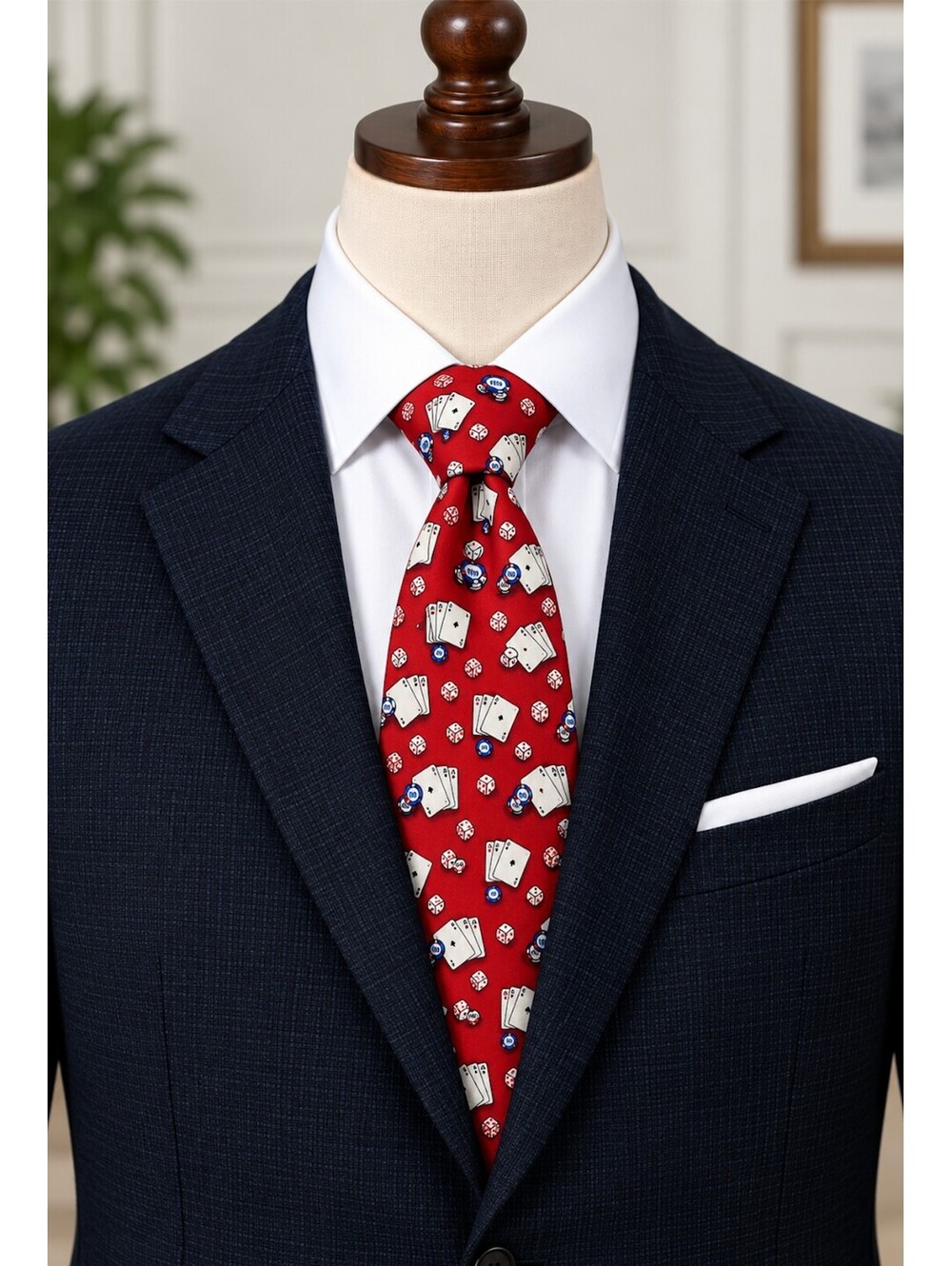 Tango Red Silk Tie with Playing Cards, Dice, and Poker Chips Pattern